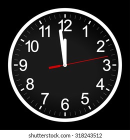 Circle retro analog wall / office clock with white hands and numbers - one minute left to 12 hour. 11:59 / 23:59 time, vector art image illustration, isolated on black background, realistic design