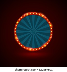 Circle retro light banner with light bulbs on the contour. Vector illustration. Can use for promotion advertising.