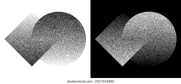 Círculo e losango com transição ou união. Meio-tom pontilhado plano de fundo abstrato. Forma preta em um plano de fundo branco e a mesma forma branca no lado preto.