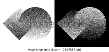 Circle and rhombus with transition or union. Halftone dotted abstract background. Black shape on a white background and the same white shape on the black side.