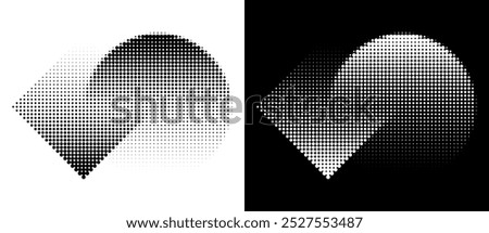 Circle and rhombus with transition or union. Halftone dotted abstract background. Black shape on a white background and the same white shape on the black side.