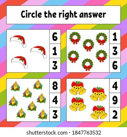 Circle the right answer. Christmas theme. Education developing worksheet. Activity page with pictures. Game for children. Color isolated vector illustration. Funny character. Cartoon style.