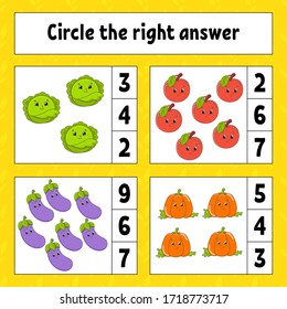 Circle the right answer. Education developing worksheet. Activity page with pictures. Fruits and vegetables. Game for children. Color isolated vector illustration. Funny character. Cartoon style.