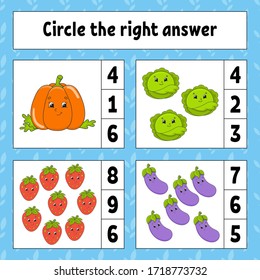 Circle the right answer. Education developing worksheet. Activity page with pictures. Fruits and vegetables. Game for children. Color isolated vector illustration. Funny character. Cartoon style.