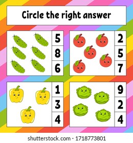 Circle the right answer. Education developing worksheet. Activity page with pictures. Fruits and vegetables. Game for children. Color isolated vector illustration. Funny character. Cartoon style.