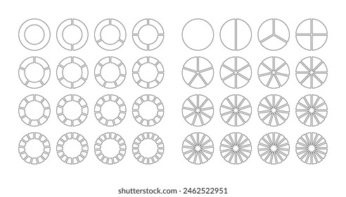 Circle and ring outline structure graph. Circle section template. Round pie diagram divided into pieces. Circular chart. Schemes with sectors. Piechart with segments and slices. Vector illustration