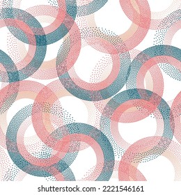 Circle ring shapes of dots abstract vector seamless pattern. Roun shapes of halftone point endless ornament for textile print. Continuous pattern with circle rings of dots texture.