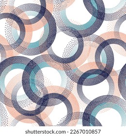 Circle ring shapes of dots contemporary vector seamless pattern. Roun shapes of halftone point endless wallpaper ornament. Repeating background with rings of halftone pixels texture.
