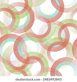 Circle ring shapes of dots contemporary vector seamless pattern. Roun shapes of halftone point endless ornament for textile print. Continuous background with circle rings of dots texture.