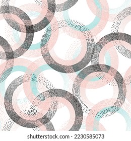 Circle ring shapes of dots decorative vector seamless pattern. Circular shapes of halftone point endless wallpaper ornament. Repeating background with circles of dots.