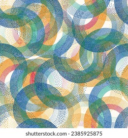 Circle ring shapes of dots decorative vector seamless pattern. Roun shapes of halftone point endless wallpaper ornament. Tileable background with circle rings of dots texture.