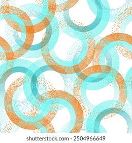 Circle ring shapes of dots ethnic vector seamless pattern. Roun shapes of halftone point endless wrapping paper ornament. Continuous background with circles of dots.