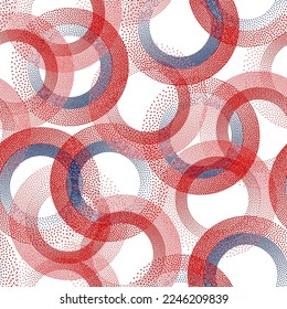 Formas de anillo de círculo de puntos de mínimo patrón vectorial sin fisuras. Formas ruinosas de un adorno de papel de envolver interminable de punto medio. Fondo inclinable con anillos de textura de píxeles de medio tono.
