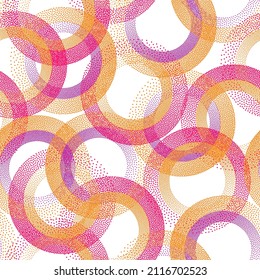 Circle ring shapes of dots modern vector seamless pattern. Roun shapes of halftone point endless ornament for textile print. Repeating background with circle rings of dots texture.