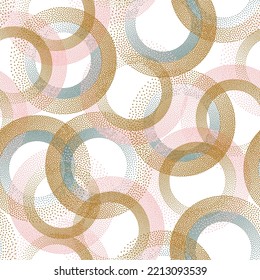 Circle ring shapes of dots modern vector seamless pattern. Roun shapes of halftone point endless wrapping paper ornament. Tileable background with circle rings of dots texture.
