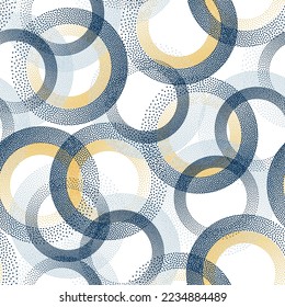 Circle ring shapes of dots modern vector seamless pattern. Roun shapes of halftone point endless ornament for textile print. Repeating background with circles of dots.