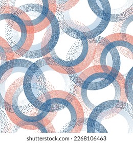 Formas de anillo de círculo de puntos de un patrón vectorial moderno sin fisuras. Formas ruinosas de fondo de fondo interminable de punto medio. Fondo continuo con anillos de círculo de textura de puntos.