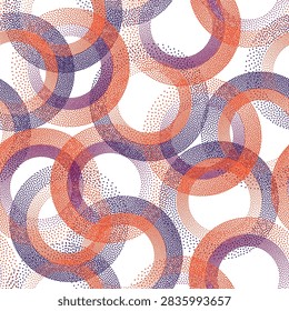 Circle ring shapes of dots modern vector seamless pattern. Roun shapes of halftone point endless wrapping paper ornament. Repeating background with rings of halftone pixels texture.