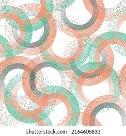 Circle Ring Shapes Of Dots Trendy Vector Seamless Pattern. Roun Shapes Of Halftone Point Endless Ornament For Textile Print. Tileable Pattern With Circle Rings Of Dots Texture.