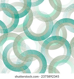 Circle ring shapes of dots trendy vector seamless pattern. Roun shapes of halftone point endless wrapping paper ornament. Repeating background with circles of dots.