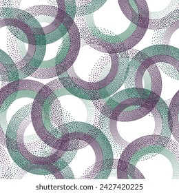 Circle ring shapes of dots trendy vector seamless pattern. Roun shapes of halftone point endless ornament for textile print. Continuous background with rings of halftone pixels texture.