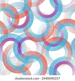Circle ring shapes of dots trendy vector seamless pattern. Roun shapes of halftone point endless wrapping paper ornament. Continuous background with rings of halftone pixels texture.