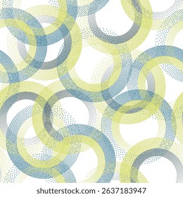 Circle ring shapes of dots trendy vector seamless pattern. Roun shapes of halftone point endless wallpaper ornament. Continuous background with circle rings of dots texture.