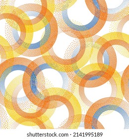 Circle ring shapes of dots vintage vector seamless pattern. Roun shapes of halftone point endless wallpaper ornament. Continuous pattern with circle rings of dots texture.
