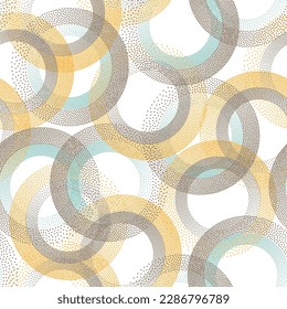 Circle ring shapes of dots vintage vector seamless pattern. Roun shapes of halftone point endless ornament for textile print. Repeating background with circle rings of dots texture.