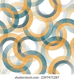 Circle ring shapes of dots vintage vector seamless pattern. Roun shapes of halftone point endless ornament for textile print. Repeating background with circle rings of dots texture.