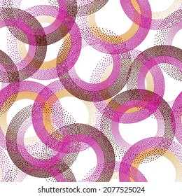 Circle ring shapes of dots weave vector seamless pattern. Roun shapes of halftone point endless wrapping paper ornament. Repeating background with rings of halftone pixels texture.