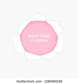 Circle ripped grey paper. Realistic paper ragged hole torn effect. Paper with ripped edge with space for text or message are on pink background. Vector illustration.