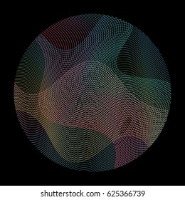 Circle ripple abstract vector illustration on black background. Dark colorful pattern with curves. Round shape. Wavy lines circle ripple texture. Geometric graphic design.