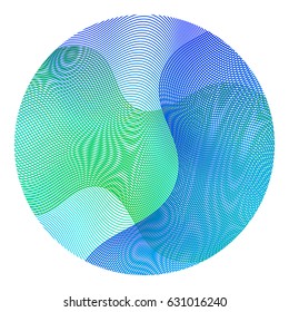 Circle ripple abstract vector illustration on white background. Round shape. Blue, aquamarine and green wavy lines circle ripple texture design.  Bright clip art pattern with colorful curves.