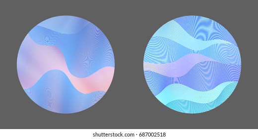 Circle ripple abstract vector illustration on grey background. Bright clip art pattern with colorful curves. Round shapes set, logo elements. Blue and purple wavy lines circle ripple texture design.