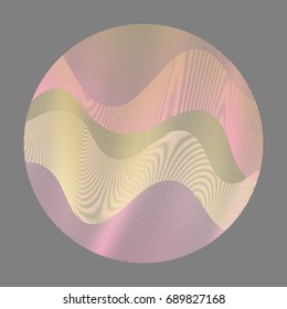Circle ripple abstract vector illustration on grey background. Artistic bright pattern with rose gold curves arranged in round shape. Gold pink wavy lines ripple circle identity logo. Geometric design
