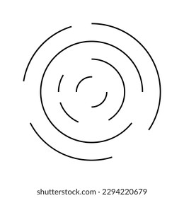Circle ripple icon. Concentric intermittent lines isolated on white background. Vortex symbol, sonar wave, soundwave, sunburst, signal signs. Vector graphic illustration