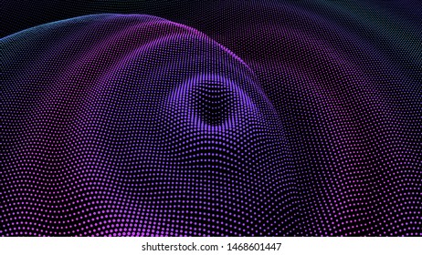 Circle ripple radial pulse effect. Particle 3D wavy drip drop to surface. Background grid structure. Big data deep dynamic dot dance. Sea of information colorful flow.