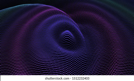 Circle ripple radial pulse effect. Particle 3D wavy drip drop to surface. Background grid structure. Big data deep dynamic dot dance. Sea of information colorful flow.