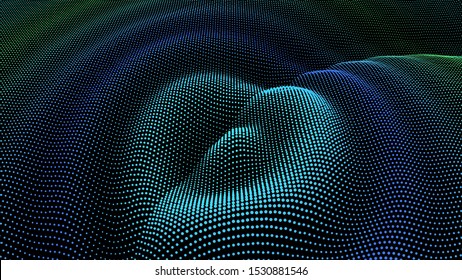Circle ripple radial pulse effect. Particle 3D wavy drip drop to surface. Background grid structure. Big data deep dynamic dot dance. Sea of information colorful flow.
