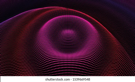 Circle ripple radial pulse effect. Particle 3D wavy drip drop to surface. Background grid structure. Big data deep dynamic dot dance. Sea of information colorful flow.