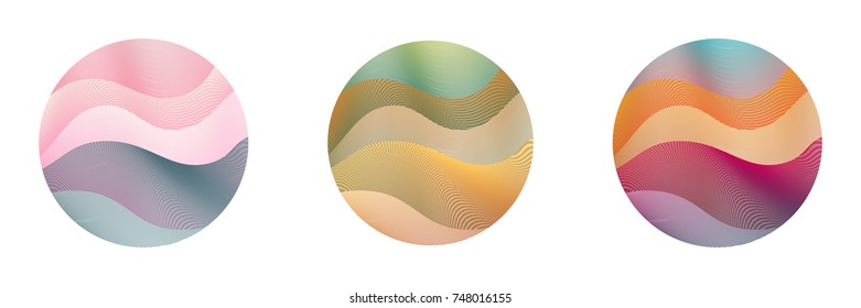 Circle ripple set abstract vector illustration on white background. Artistic bright patterns with colorful curve lines arranged in round shapes. Wavy lines circle ripple curves set for logo design.