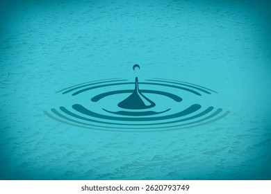 Circle Ripples or Waves on Water Surface Made by Drop Falling into Water and Making Splash Engraving Style Sign - Turquoise or Blue Rings on Similar Gradient Background - Vector Mixed Graphic Design