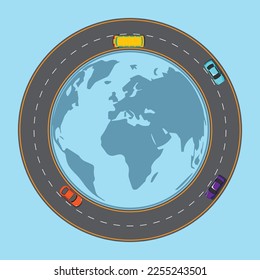 Circle road with cars and vehicles on the globe map vector illustration concept of world travelling day.