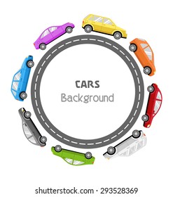 Circle Road Frame With Colorful Cars Isolated On White Background