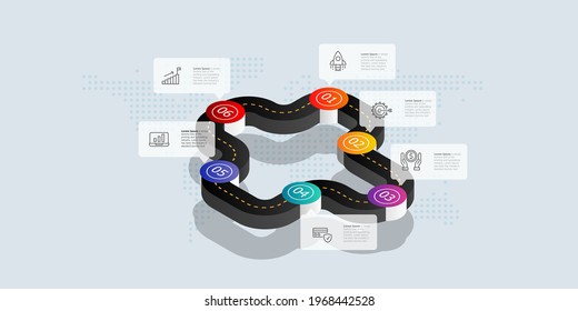 circle road isometric infographics presentation element template with business icons 6 options vector illustration background