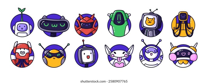 Circle robot avatars set. Round shape portraits of different cute cyborgs, funny humanoid machines. Faces of AI characters for user profile. Flat isolated vector illustrations on white background