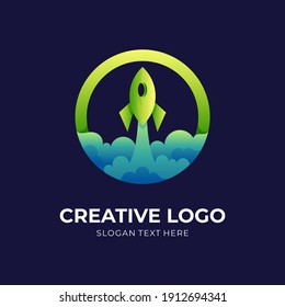 circle rocket logo, rocket and circle, combination logo with 3d green and blue color style