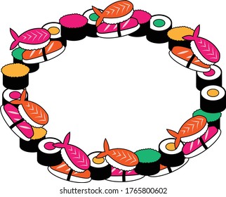 A circle of rolls and sushi. Emblem for an inscription, highlight or watermark.