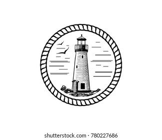 Circle Rope - Lighthouse with Sky and Abstract Bird on the Beach Illustration Hand Drawing Logo Vector